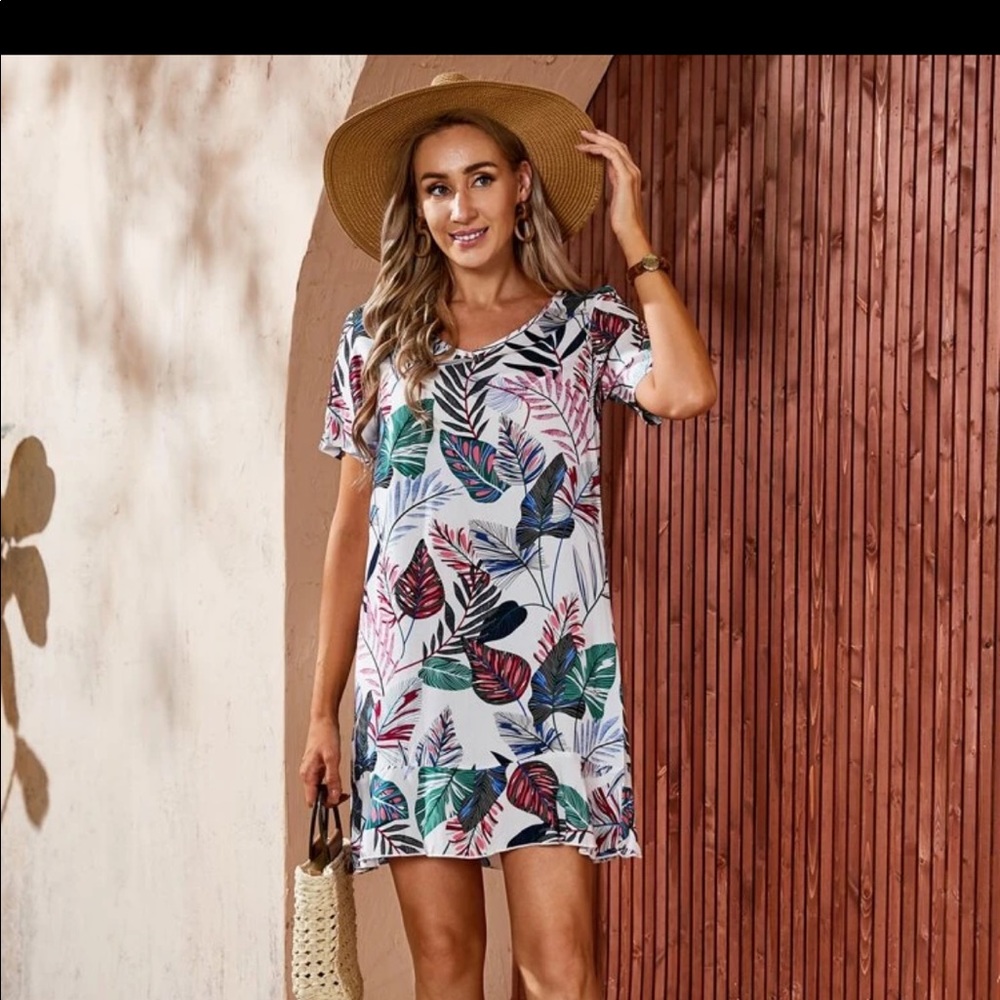 Tropical print ruffle hem smock dress